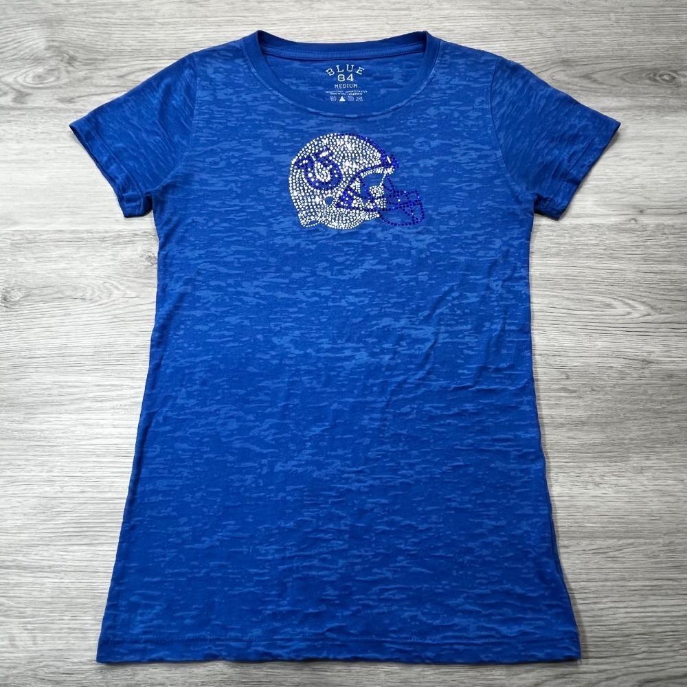 Indianapolis Colts Football Helmet Rhinestone Womens T-Shirt Medium Burnout